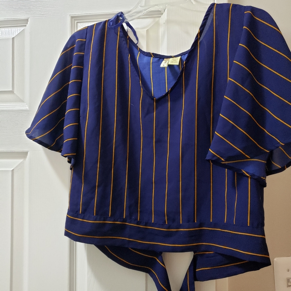 Navy blue and tan pin stripe shirt
